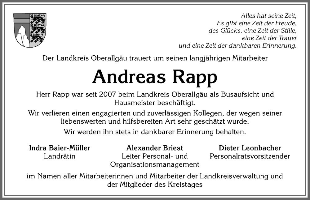 Traueranzeige von Andreas Rapp von Allgäuer Anzeigeblatt