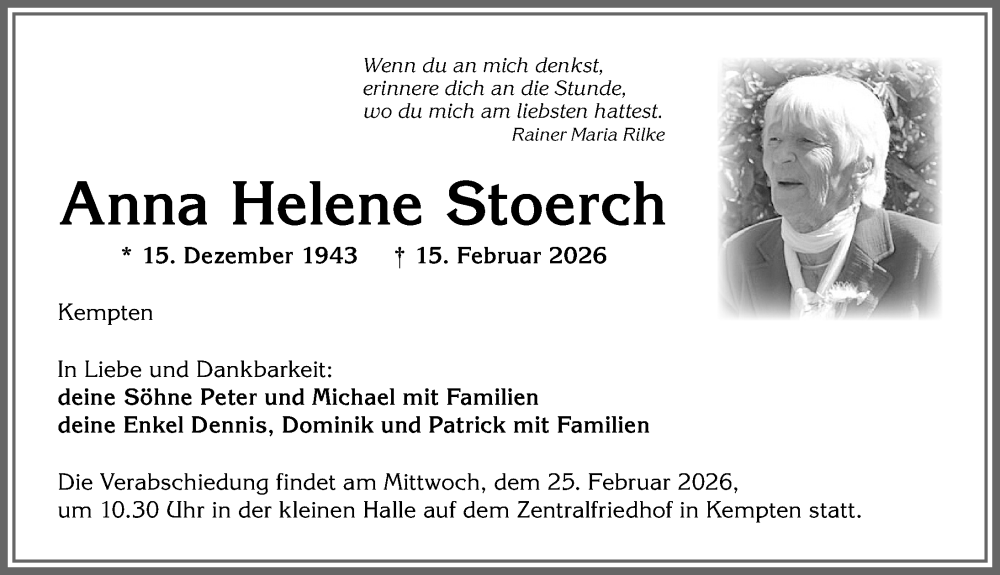 Traueranzeige von Anna Helene Stoerch von Allgäuer Zeitung,Kempten