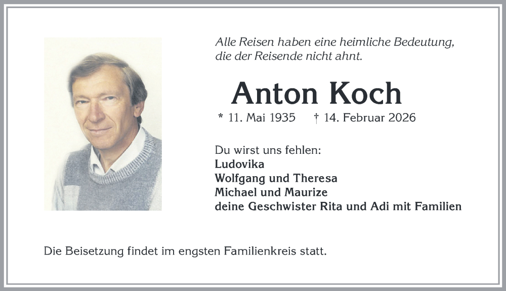 Traueranzeige von Anton Koch von Allgäuer Anzeigeblatt