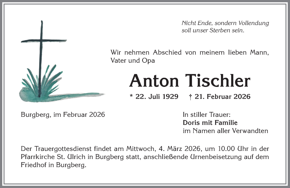 Traueranzeige von Anton Tischler von Allgäuer Anzeigeblatt