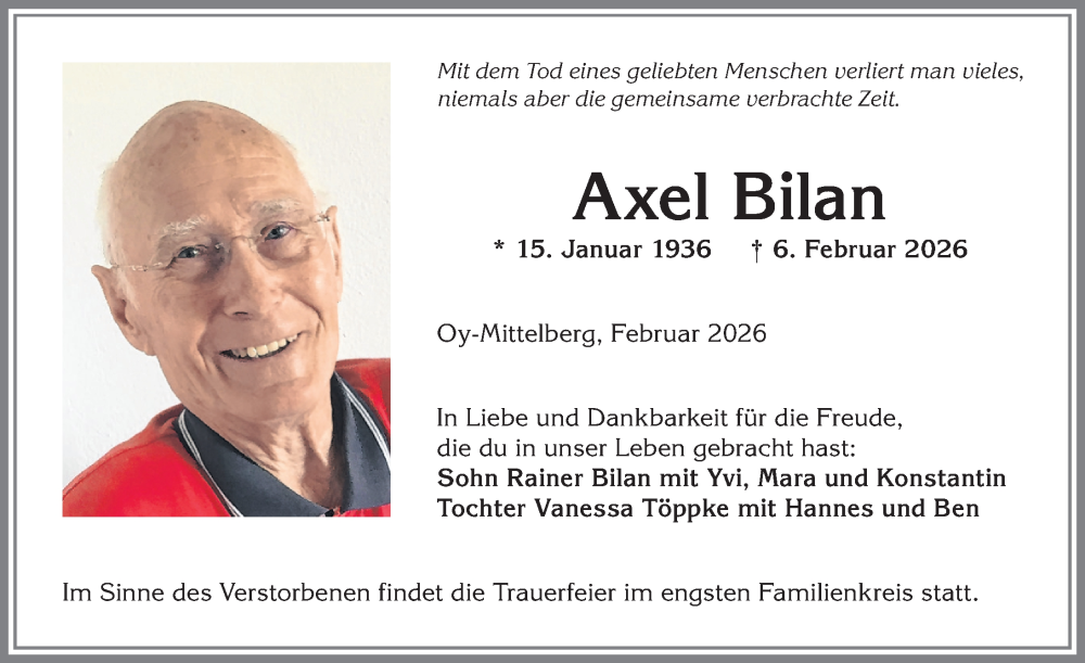 Traueranzeige von Axel Bilan von Allgäuer Zeitung,Kempten