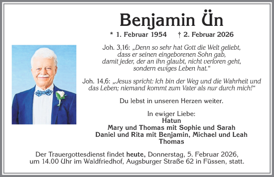 Traueranzeige von Benjamin Ün von Allgäuer Zeitung, Füssen