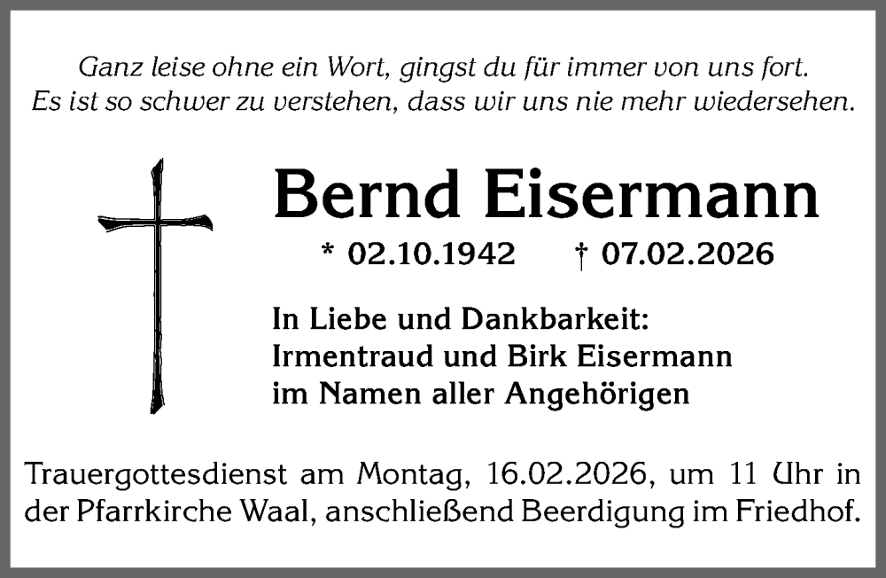 Traueranzeige von Bernd Eisermann von Allgäuer Zeitung, Kaufbeuren/Buchloe