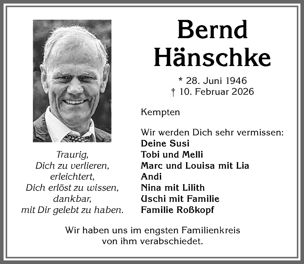 Traueranzeige von Bernd Hänschke von Allgäuer Zeitung,Kempten
