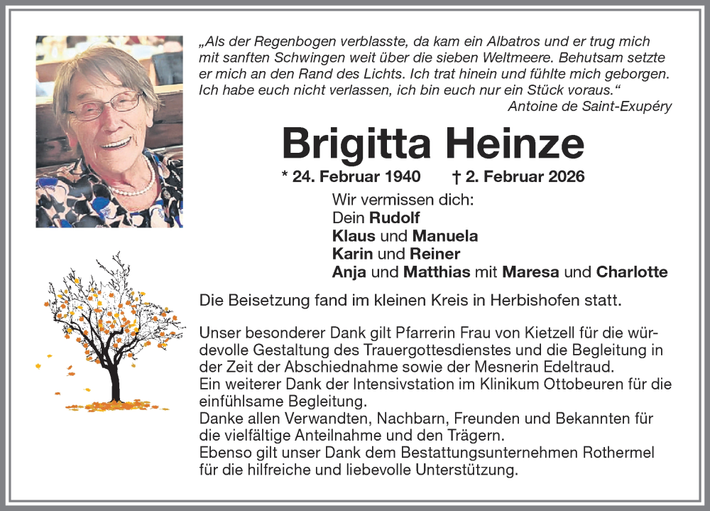 Traueranzeige von Brigitta Heinze von Memminger Zeitung