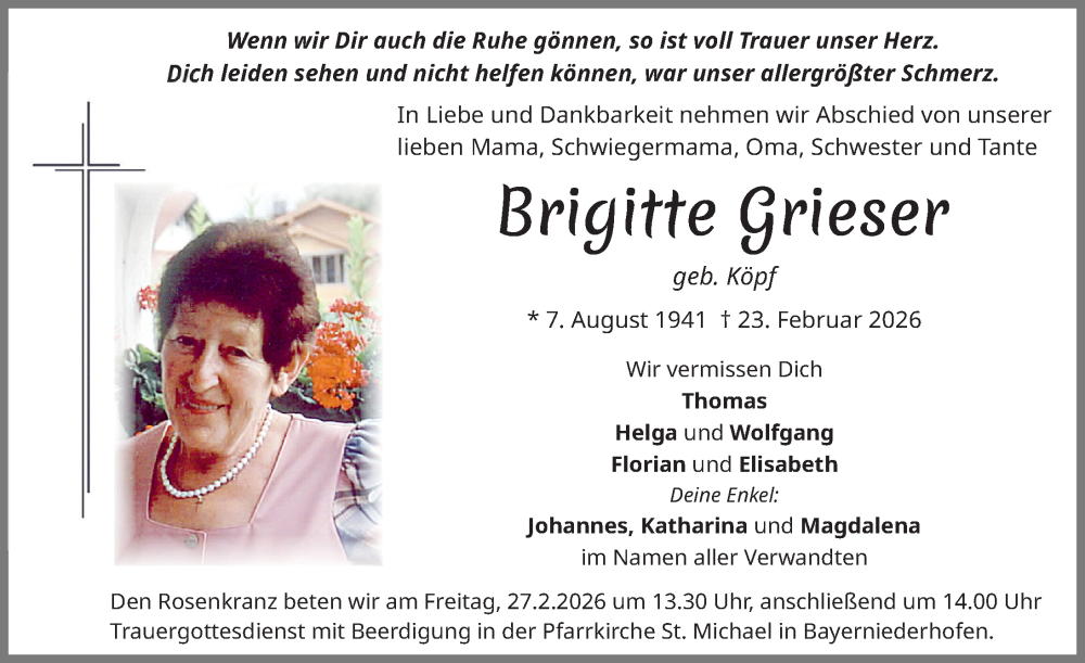 Traueranzeige von Brigitte Grieser von Allgäuer Zeitung, Füssen