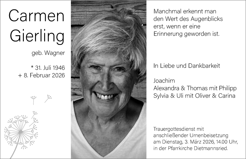 Traueranzeige von Carmen Gierling von Allgäuer Zeitung,Kempten