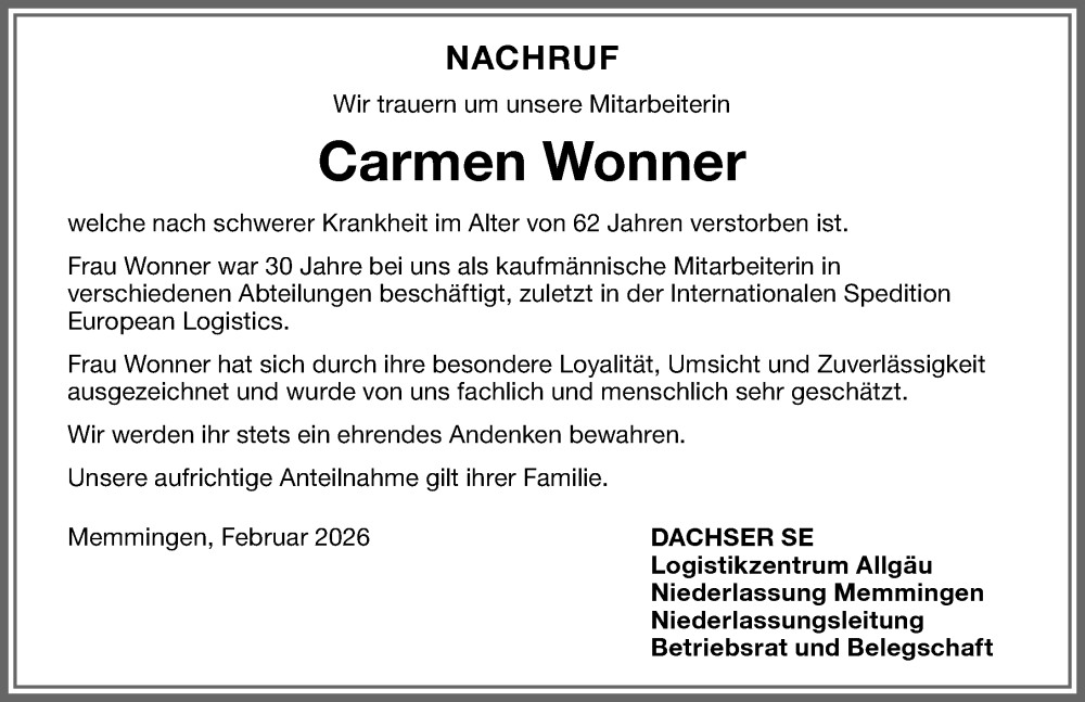 Traueranzeige von Carmen Wonner von Memminger Zeitung