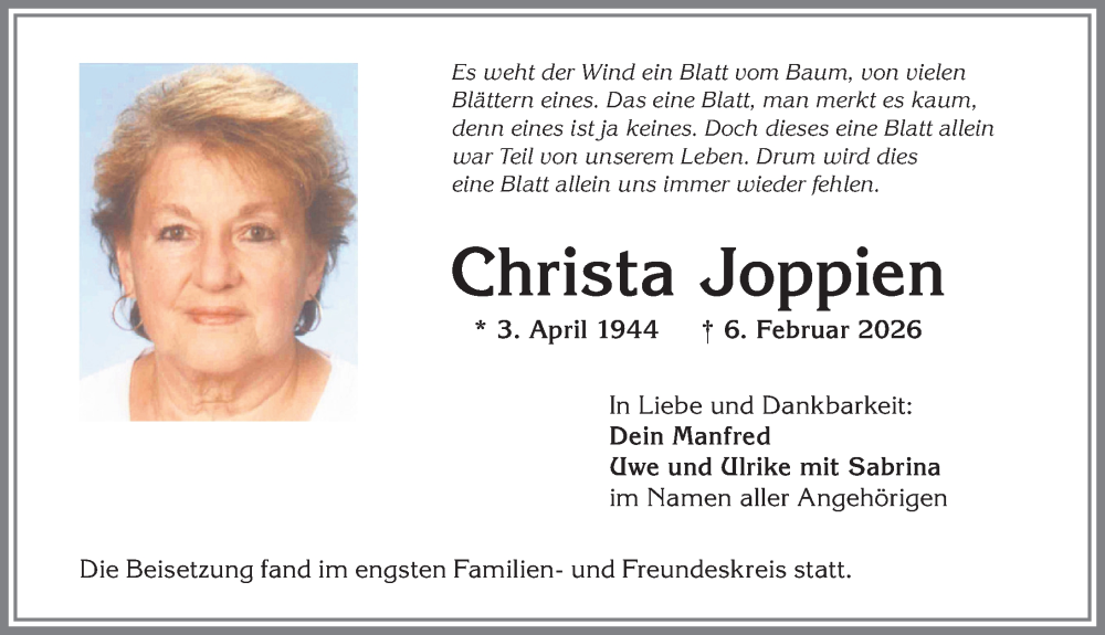 Traueranzeige von Christa Joppien von Allgäuer Zeitung,Kempten