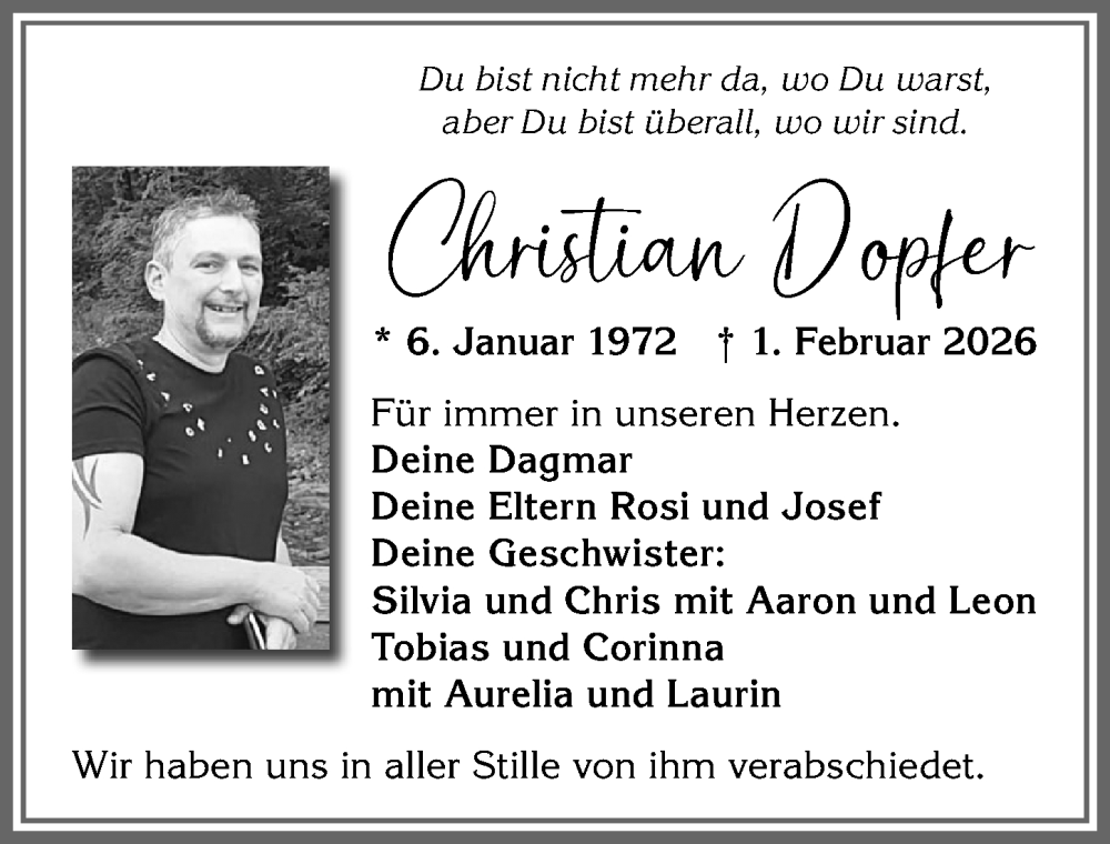Traueranzeige von Christian Dopfer von Allgäuer Zeitung, Marktoberdorf