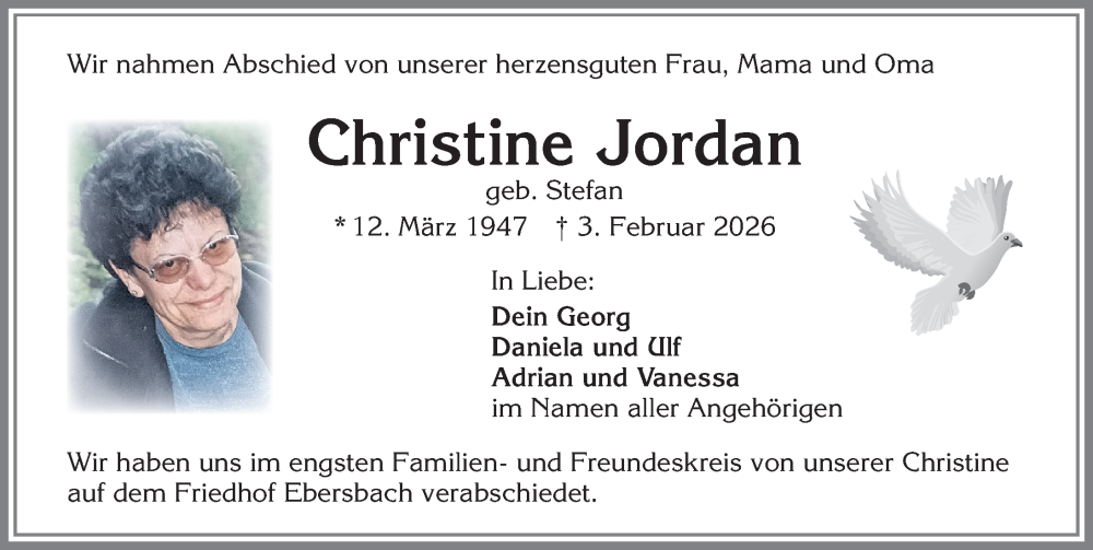 Traueranzeige von Christine Jordan von Allgäuer Zeitung, Marktoberdorf