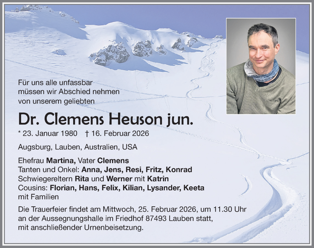  Traueranzeige für Clemens Heuson vom 21.02.2026 aus Allgäuer Zeitung,Kempten