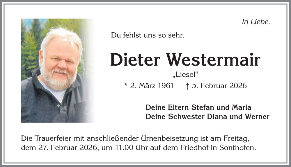 Traueranzeige von Dieter Westermair von Allgäuer Anzeigeblatt