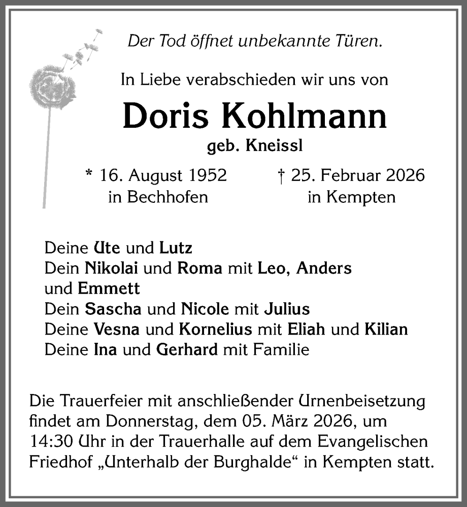 Traueranzeige von Doris Kohlmann von Allgäuer Zeitung,Kempten