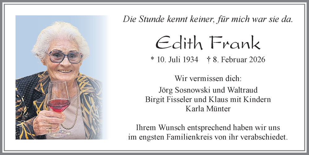 Traueranzeige von Edith Frank von Allgäuer Zeitung, Füssen