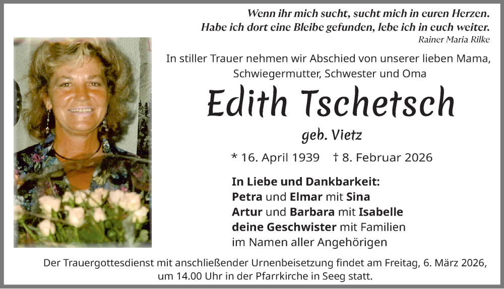 Traueranzeige von Edith Tschetsch von Allgäuer Zeitung, Füssen