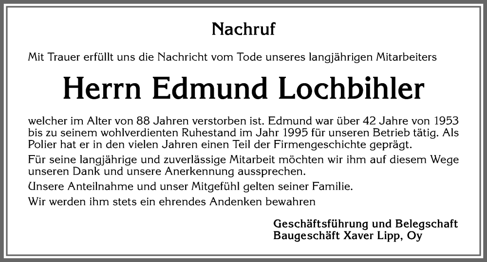 Traueranzeige von Edmund Lochbihler von Allgäuer Zeitung,Kempten