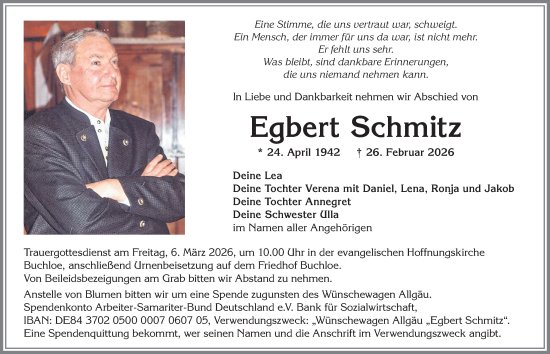 Traueranzeige von Egbert Schmitz von Allgäuer Zeitung, Kaufbeuren/Buchloe