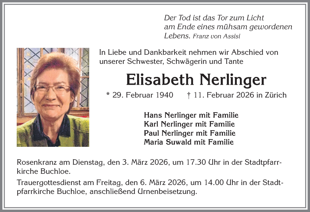 Traueranzeige von Elisabeth Nerlinger von Allgäuer Zeitung, Kaufbeuren/Buchloe