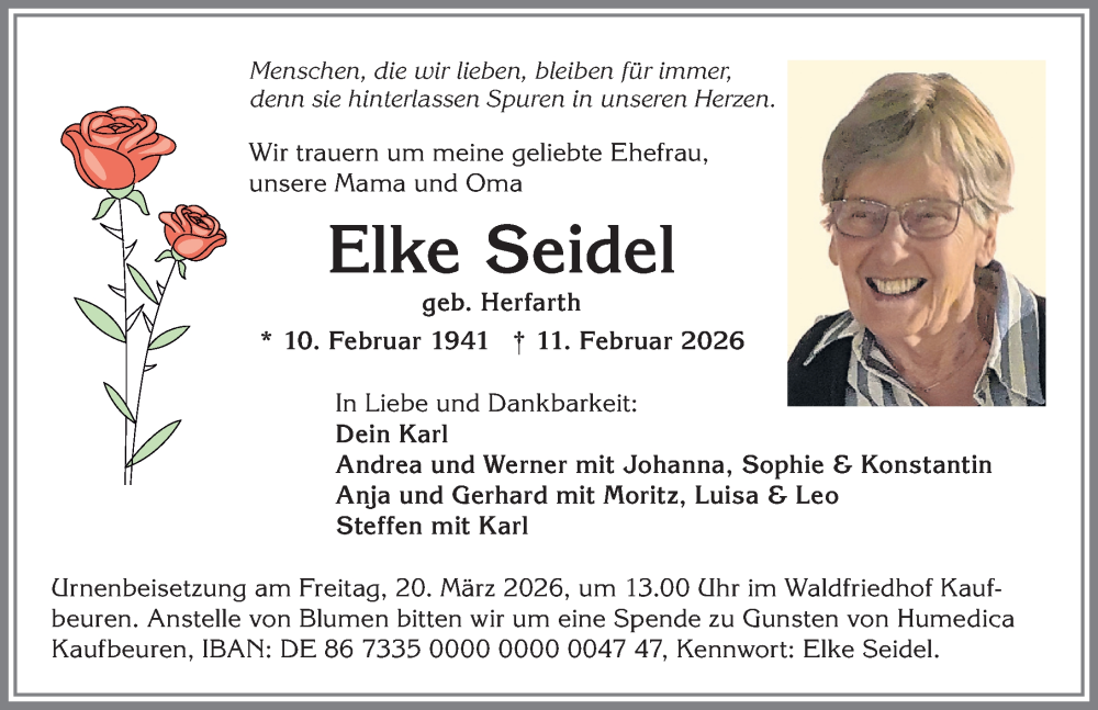 Traueranzeige von Elke Seidel von Allgäuer Zeitung, Kaufbeuren/Buchloe