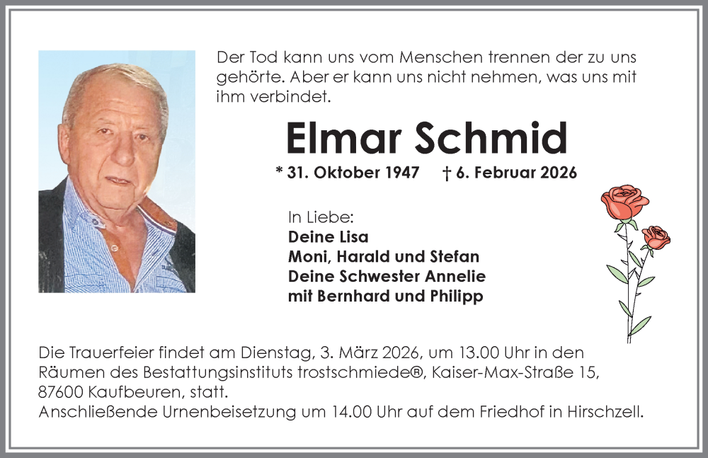 Traueranzeige von Elmar Schmid von Allgäuer Zeitung, Kaufbeuren/Buchloe