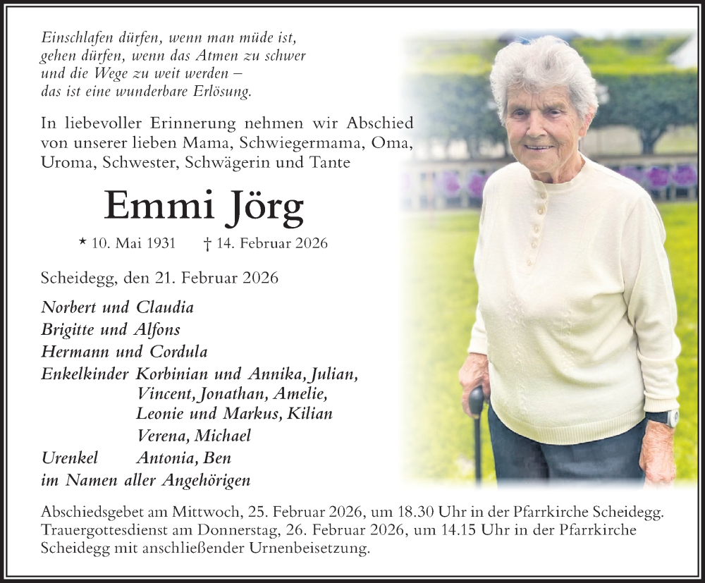 Traueranzeige von Emmi Jörg von Der Westallgäuer