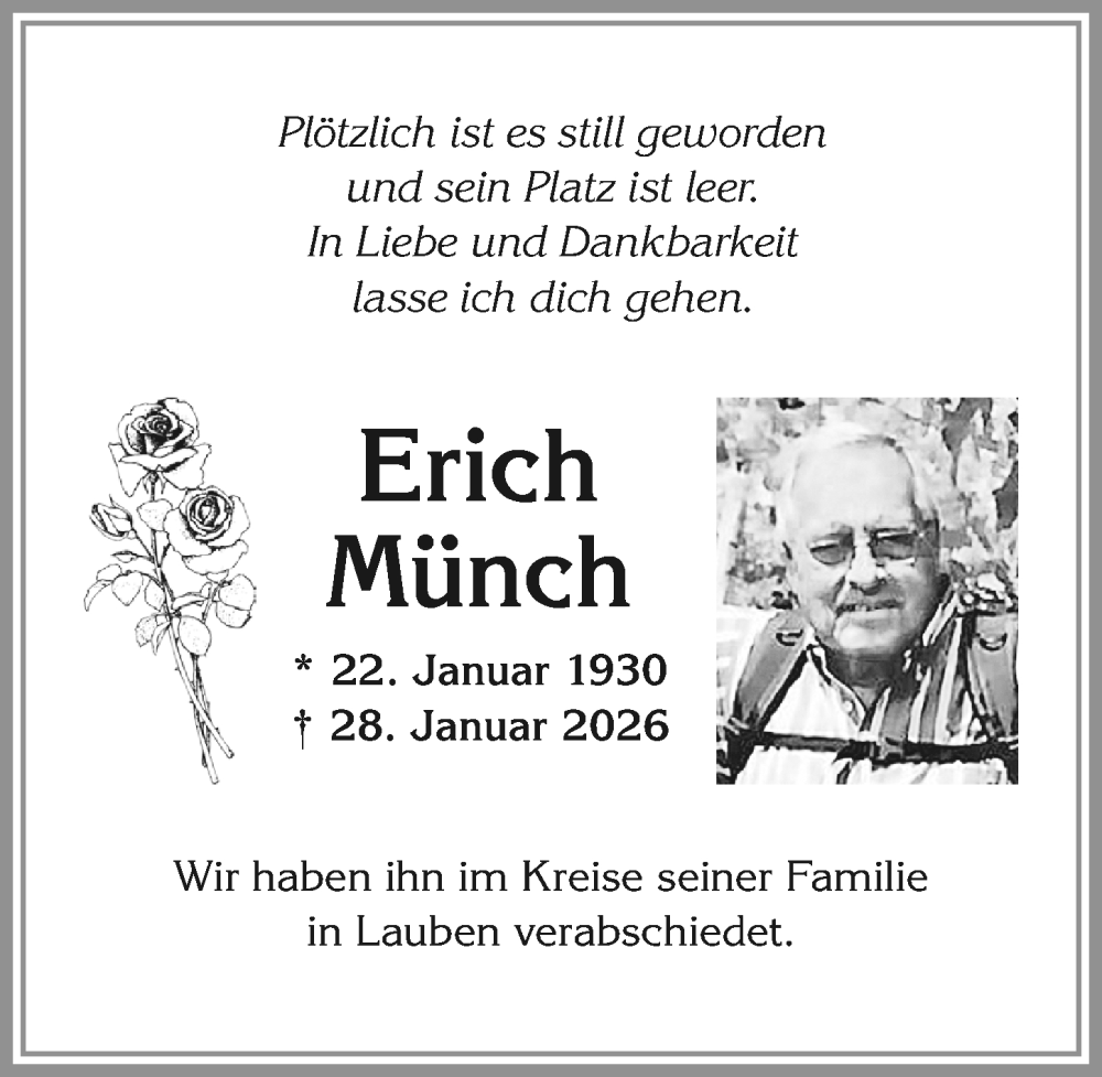 Traueranzeige von Erich Münch von Allgäuer Zeitung, Kaufbeuren/Buchloe