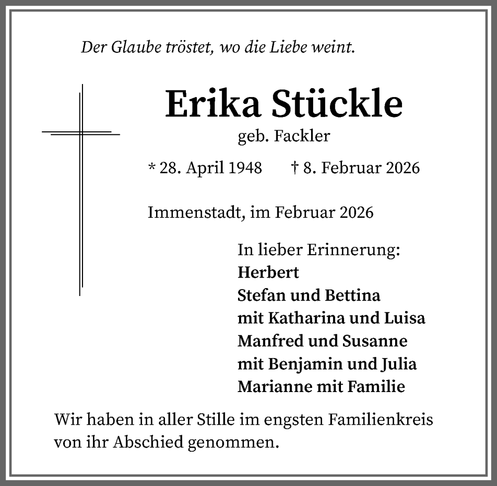 Traueranzeige von Erika Stückle von Allgäuer Anzeigeblatt