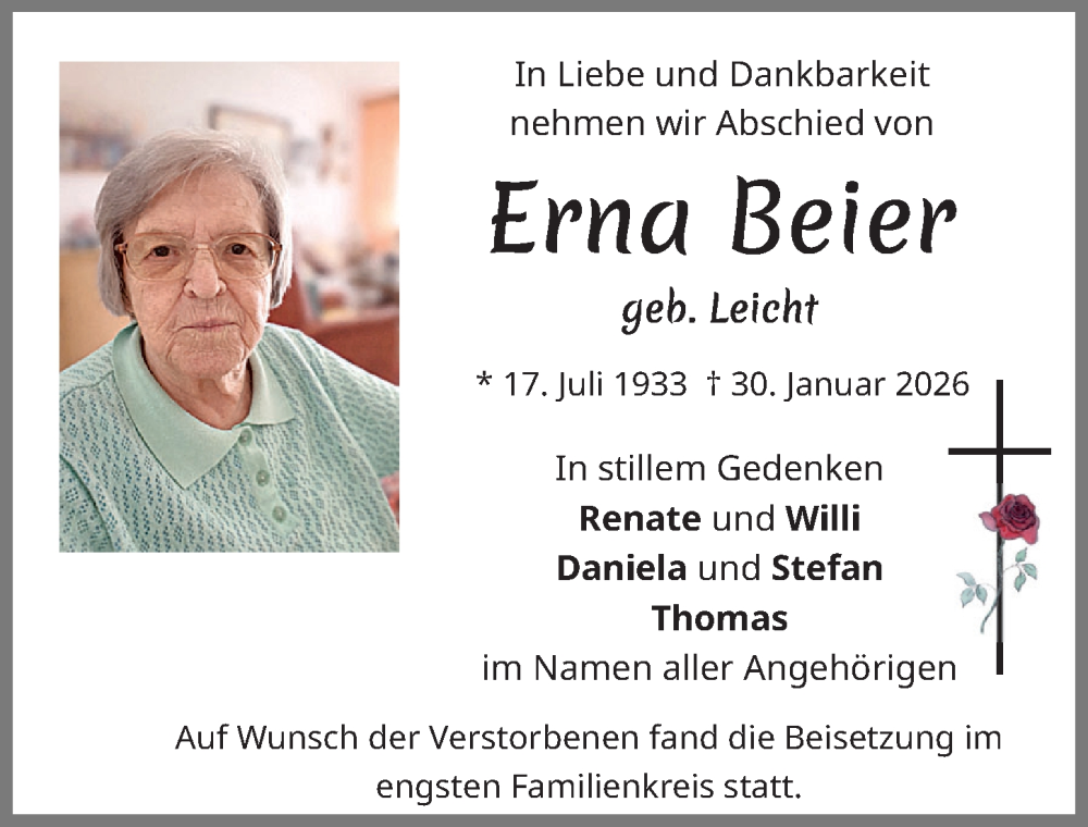 Traueranzeige von Erna Beier von Allgäuer Zeitung, Füssen