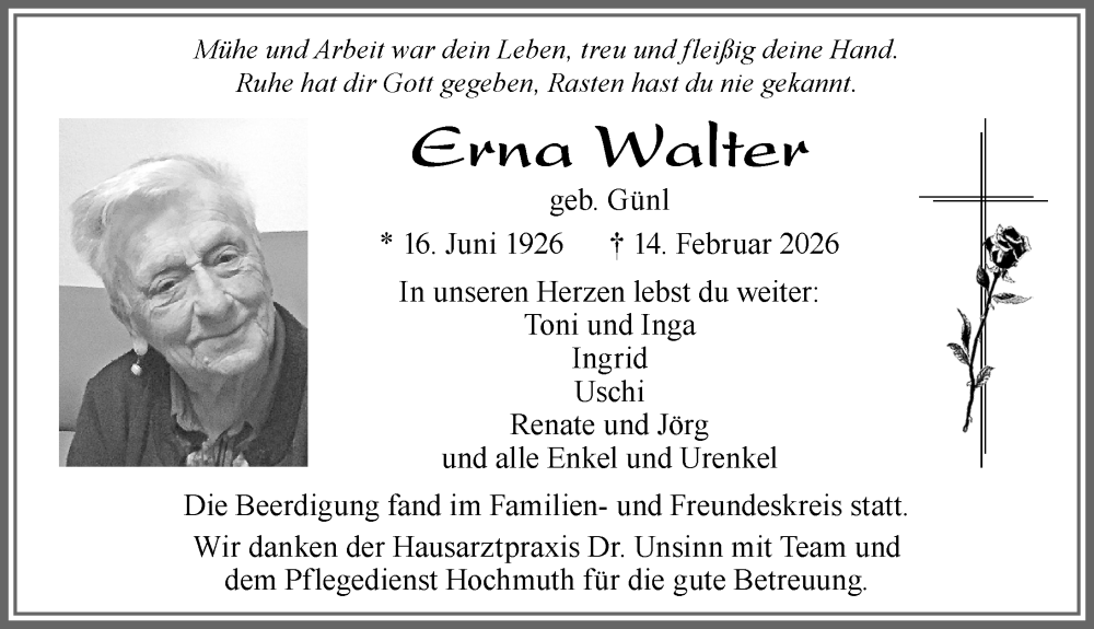 Traueranzeige von Erna Walter von Allgäuer Zeitung, Marktoberdorf