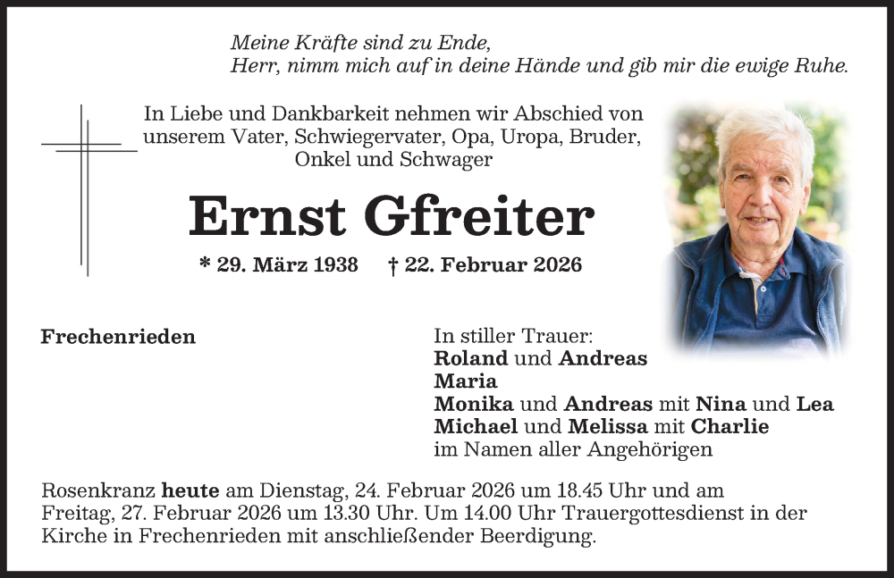 Traueranzeige von Ernst Gfreiter von Memminger Zeitung