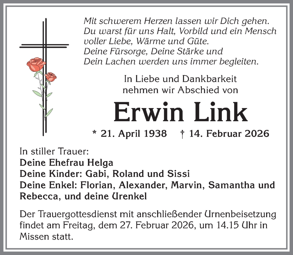 Traueranzeige von Erwin Link von Allgäuer Anzeigeblatt