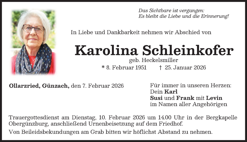 Traueranzeige von Karolina Schleinkofer  von Memminger Zeitung