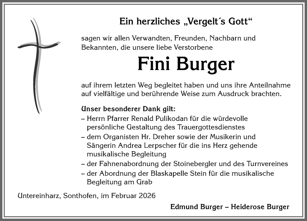 Traueranzeige von Fini Burger von Allgäuer Anzeigeblatt
