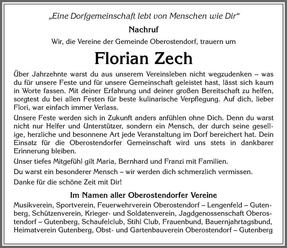 Traueranzeige von Florian Zech von Allgäuer Zeitung, Kaufbeuren/Buchloe