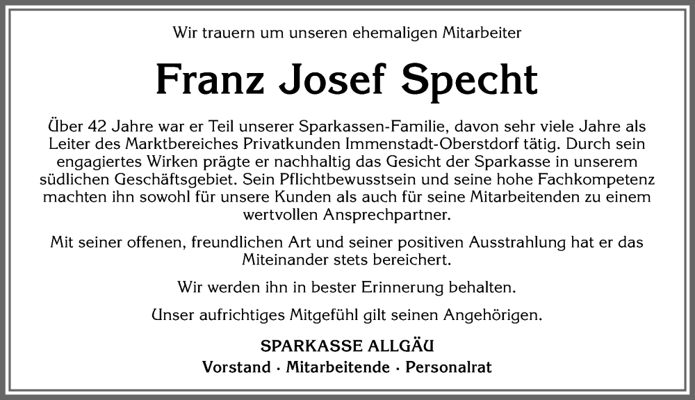 Traueranzeige von Franz Josef Specht von Allgäuer Anzeigeblatt