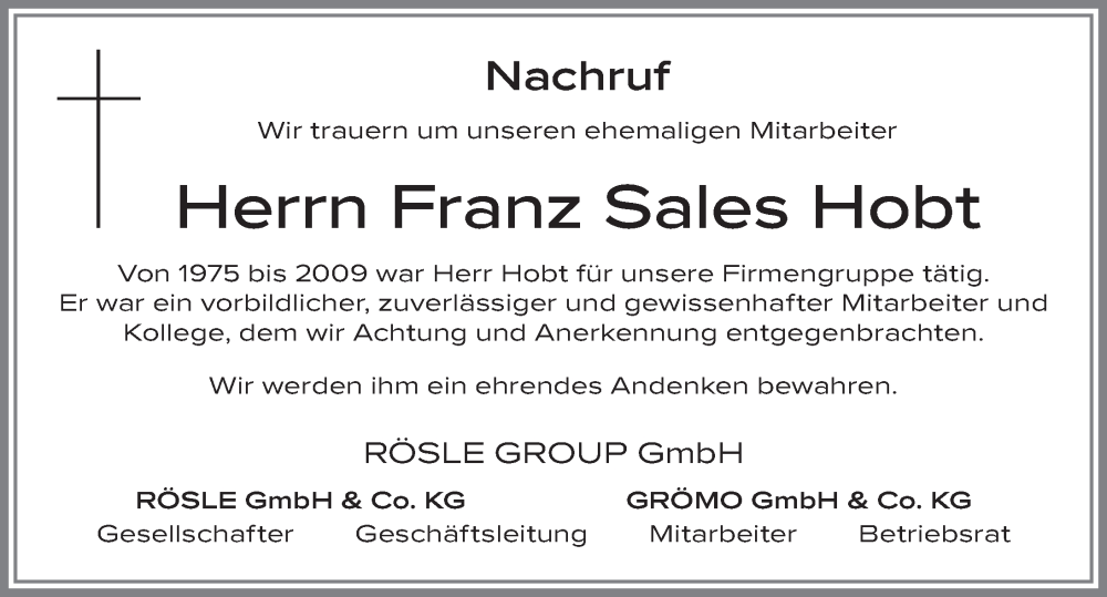 Traueranzeige von Franz Sales Hobt von Allgäuer Zeitung, Marktoberdorf