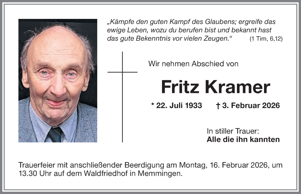 Traueranzeige von Fritz Kramer von Memminger Zeitung