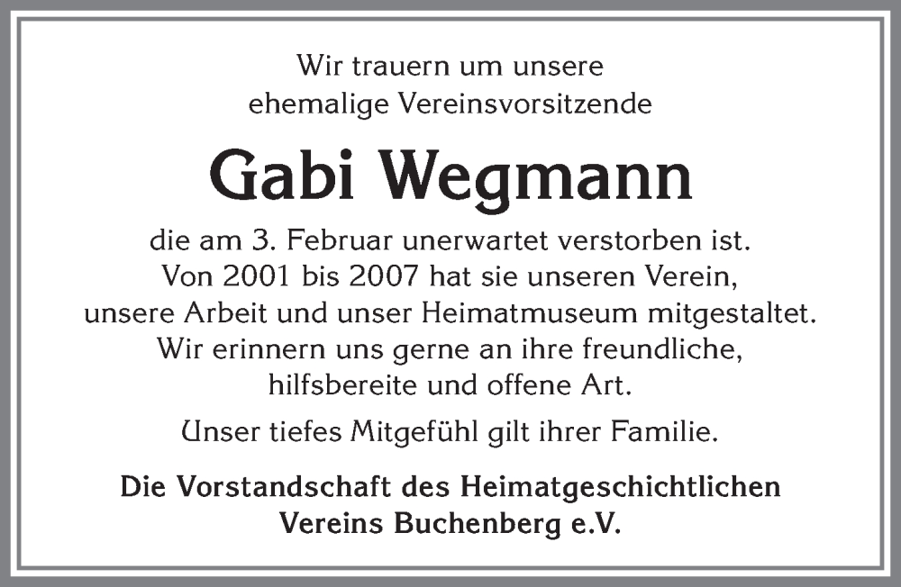 Traueranzeige von Gabi Wegmann von Allgäuer Zeitung,Kempten
