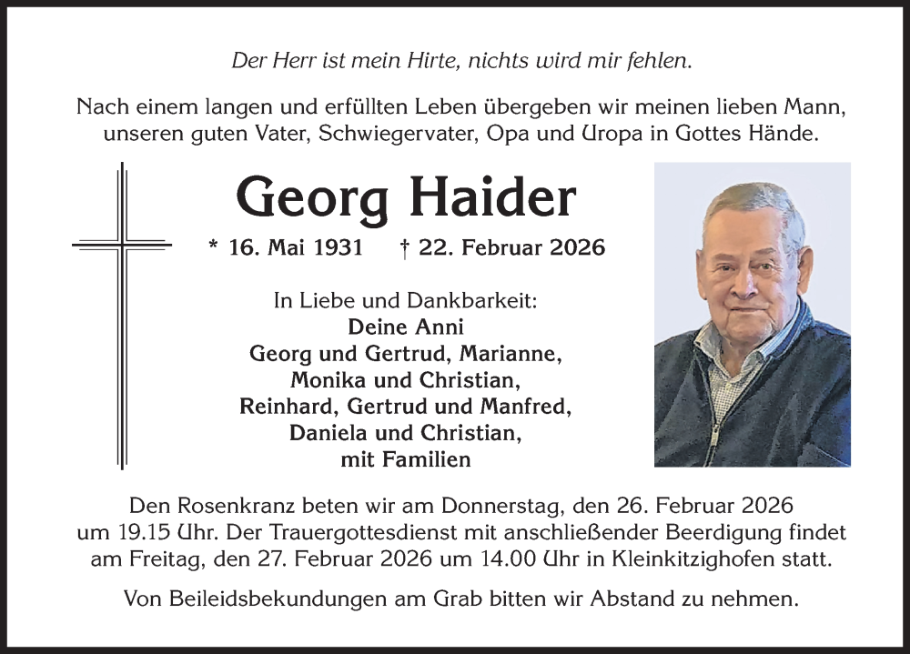 Traueranzeige von Georg Haider von Allgäuer Zeitung, Kaufbeuren/Buchloe