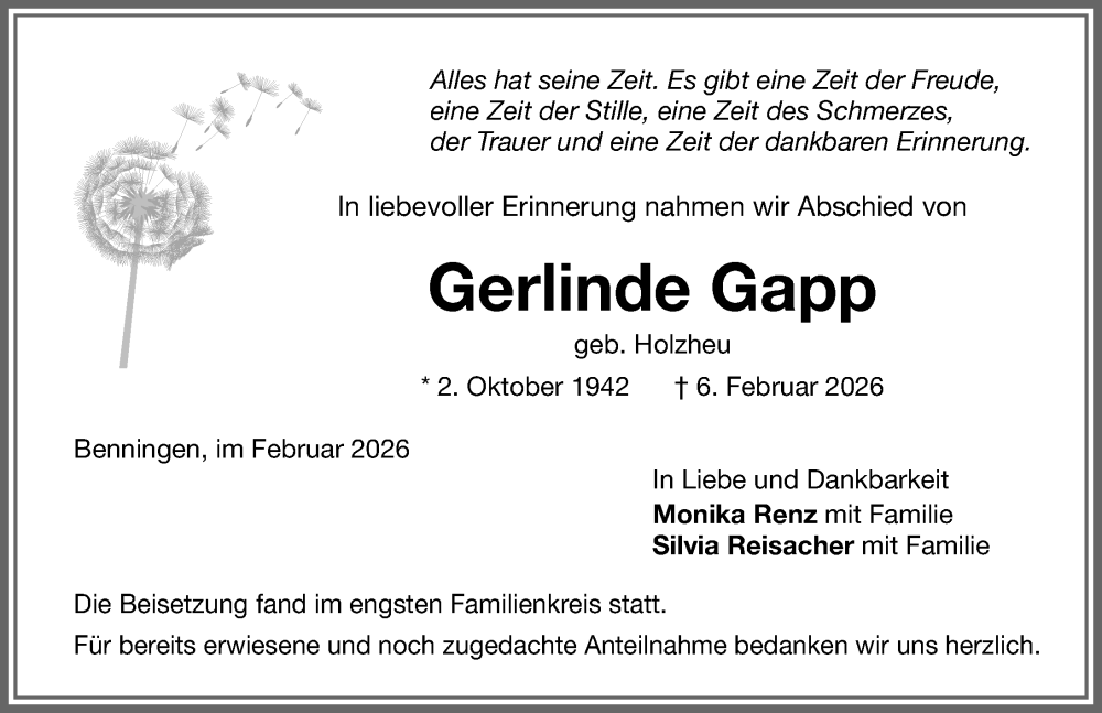 Traueranzeige von Gerlinde Gapp von Memminger Zeitung