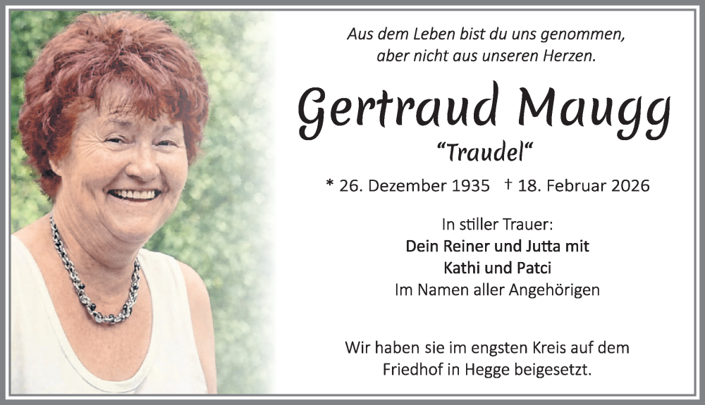 Traueranzeige von Gertraud Maugg von Allgäuer Zeitung,Kempten