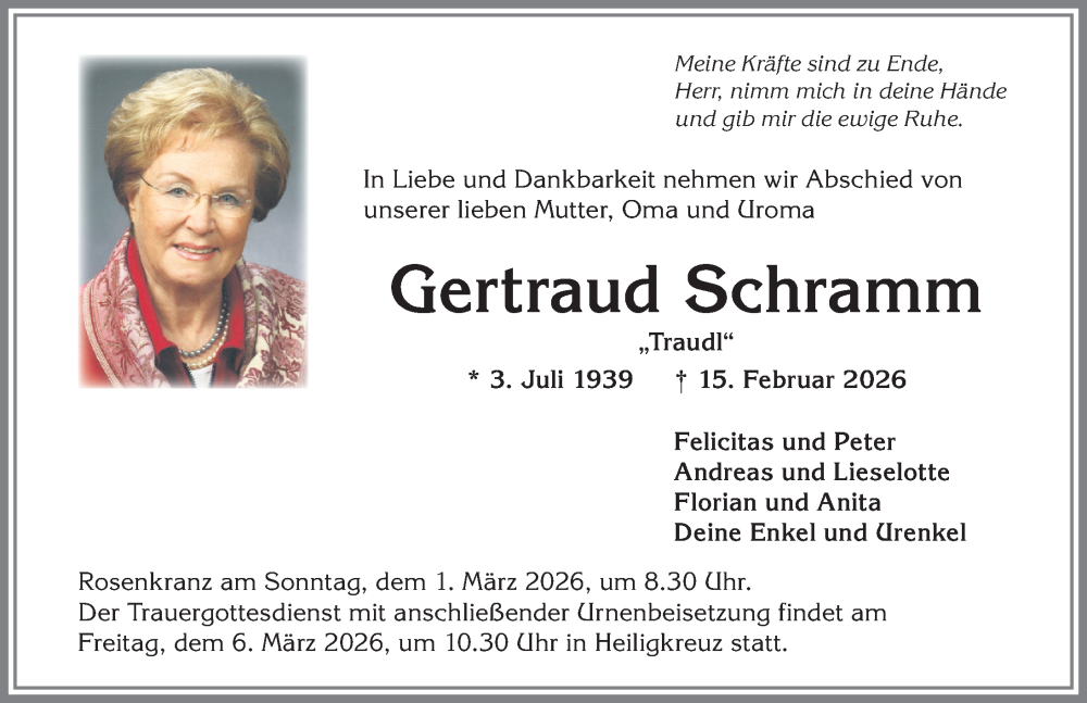 Traueranzeige von Gertraud Schramm von Allgäuer Zeitung,Kempten