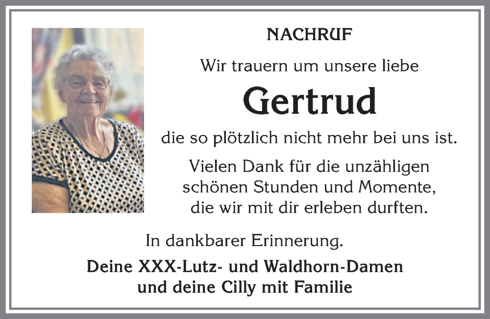 Traueranzeige von Gertrud  von Allgäuer Zeitung,Kempten