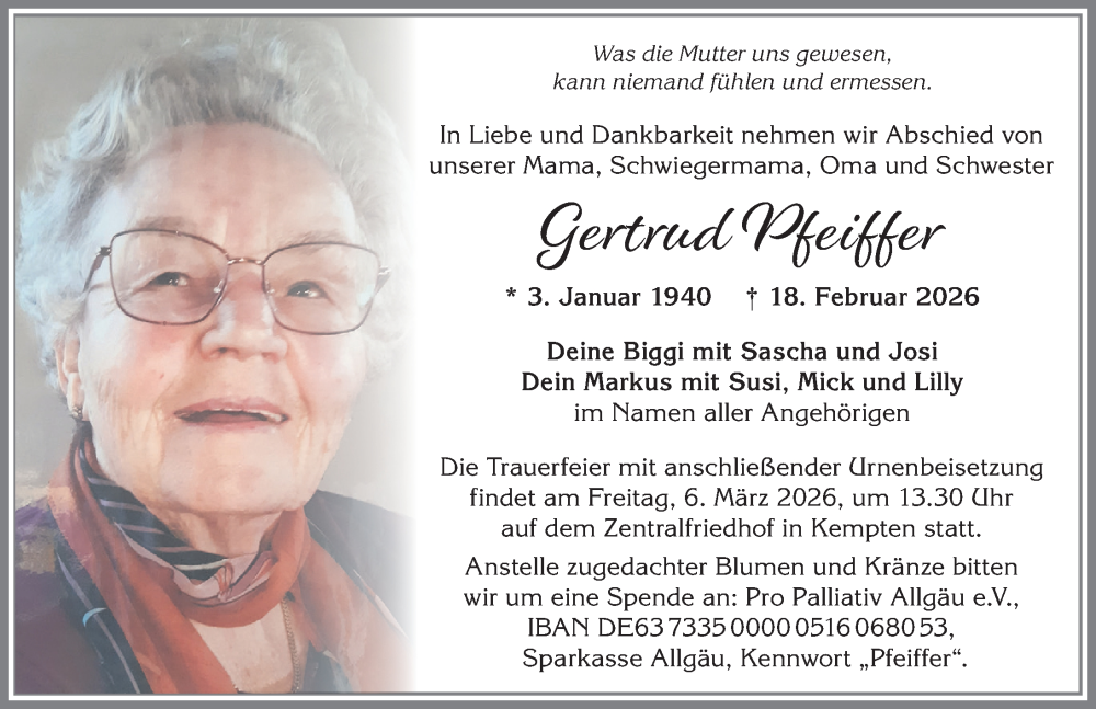 Traueranzeige von Gertrud Pfeiffer von Allgäuer Zeitung,Kempten