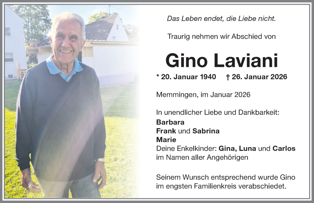 Traueranzeige von Gino Laviani von Memminger Zeitung