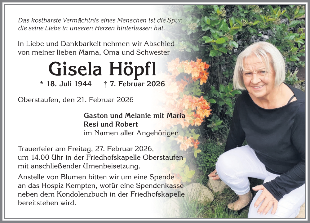 Traueranzeige von Gisela Höpfl von Allgäuer Anzeigeblatt