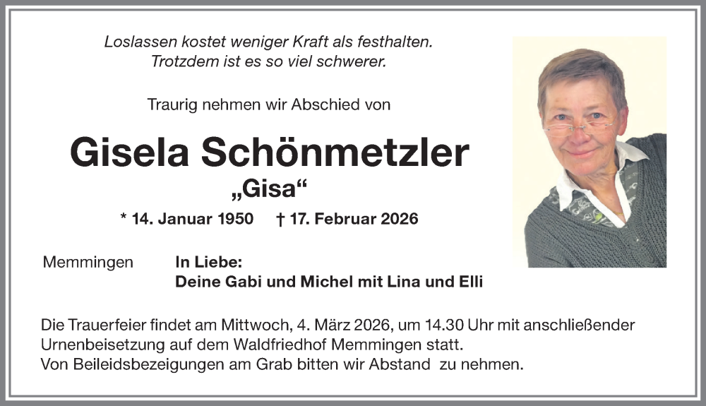 Traueranzeige von Gisela Schönmetzler von Memminger Zeitung