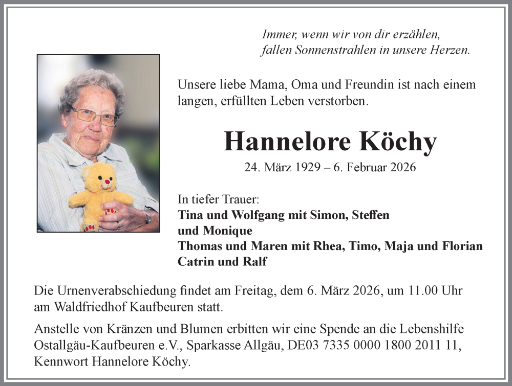 Traueranzeige von Hannelore Köchy von Allgäuer Zeitung, Kaufbeuren/Buchloe