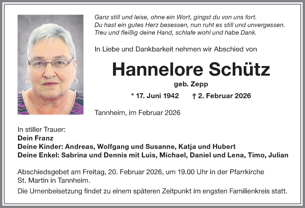 Traueranzeige von Hannelore Schütz von Memminger Zeitung